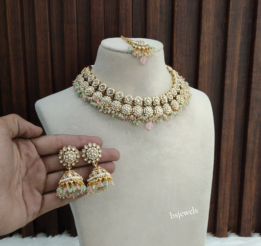 Gold Mint Pink Kundan Mila Necklace sets