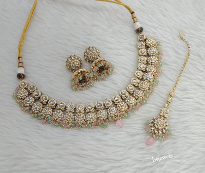 Gold Mint Pink Kundan Mila Necklace sets