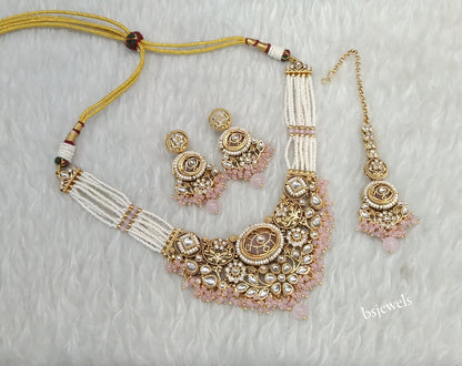 Gold Pink Kundan Zuri Necklace sets
