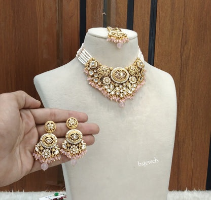 Gold Pink Kundan Zuri Necklace sets