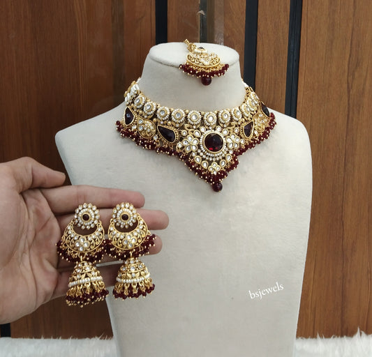 Gold Mroon Kundan Niky Necklace sets