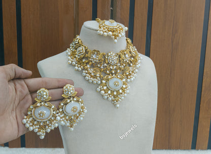 Gold White Kundan Vina Necklace sets