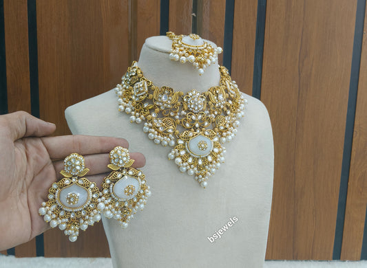 Gold White Kundan Vina Necklace sets
