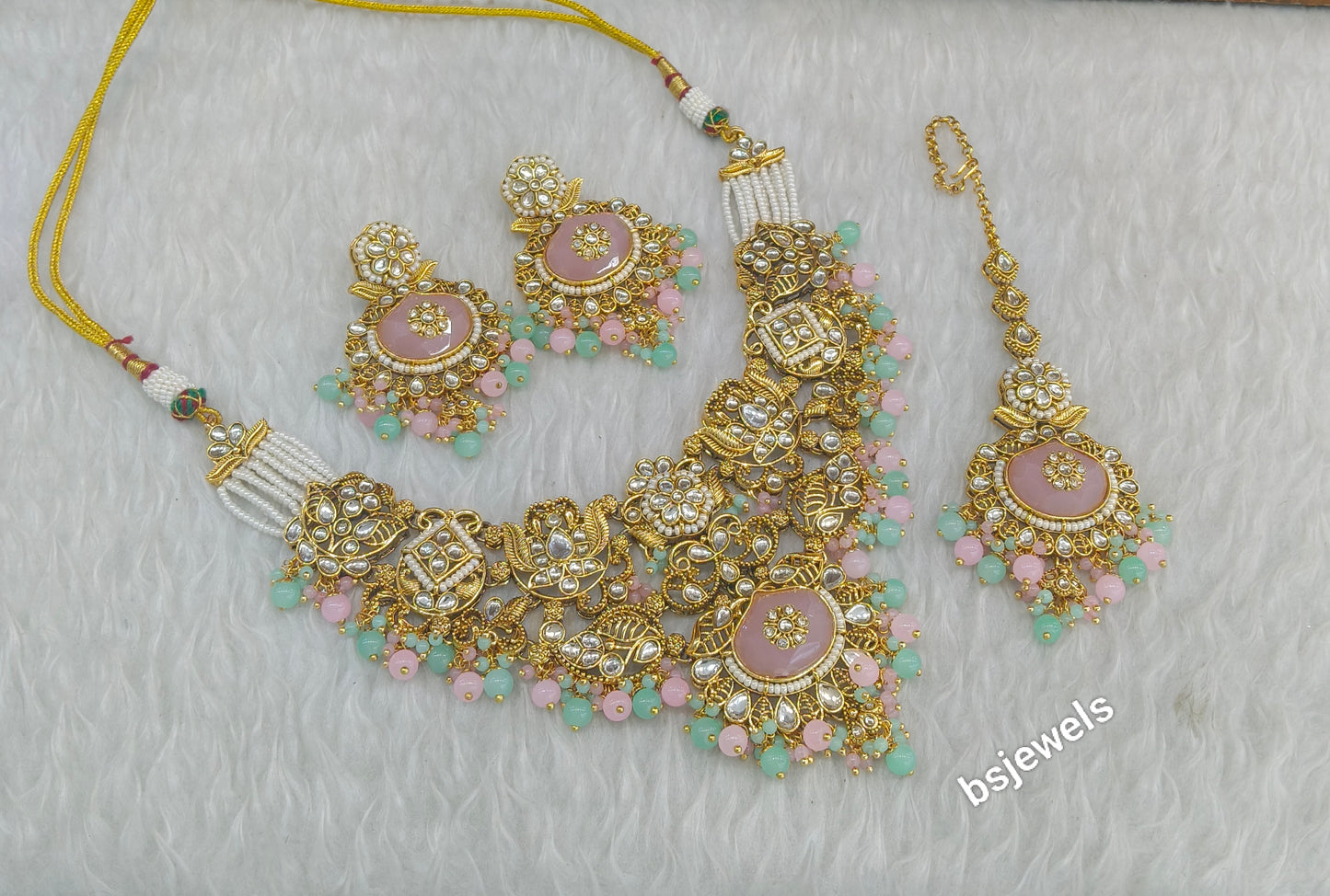 Gold Mint Pink Kundan Vina Necklace sets (