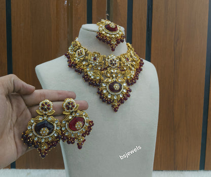 Gold Maroon Kundan Vina Necklace sets