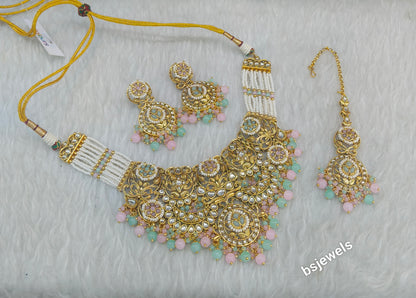 Gold Mint Pink Kundan Gargi Necklace sets