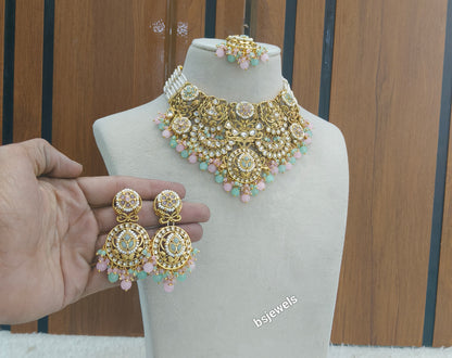 Gold Mint Pink Kundan Gargi Necklace sets