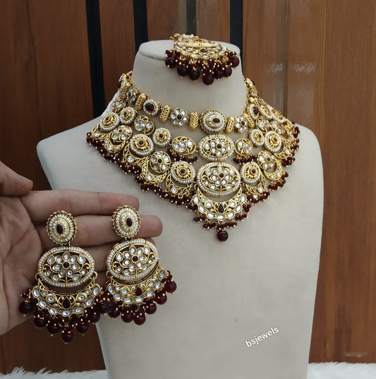Gold Mroon Kundan necklace Set/ kundan Indian Naomi jewellery  sets