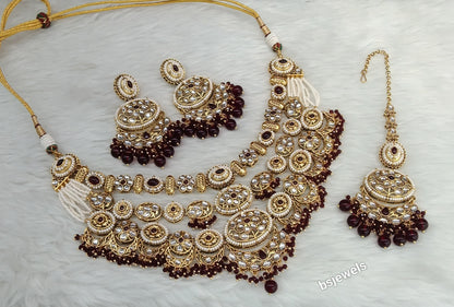 Gold Mroon Kundan necklace Set/ kundan Indian Naomi jewellery  sets