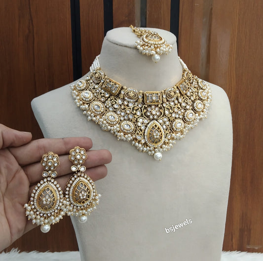 Gold white Kundan necklace Set/ kundan Indian Grace jewellery  sets