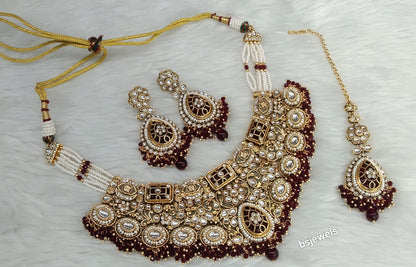 Gold Mroon Kundan necklace Set/ kundan Indian Grace jewellery  sets