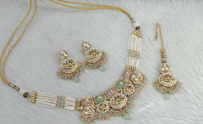 Gold Mint Pink Kundan necklace Set/ kundan Indian Sylvia jewellery  sets