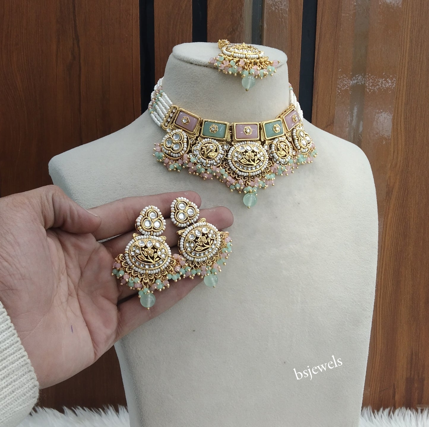 Gold Mint Pink Kundan necklace Set/ kundan Indian Sylvia jewellery  sets