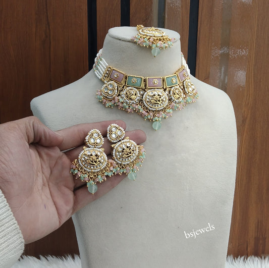 Gold Mint Pink Kundan necklace Set/ kundan Indian Sylvia jewellery  sets