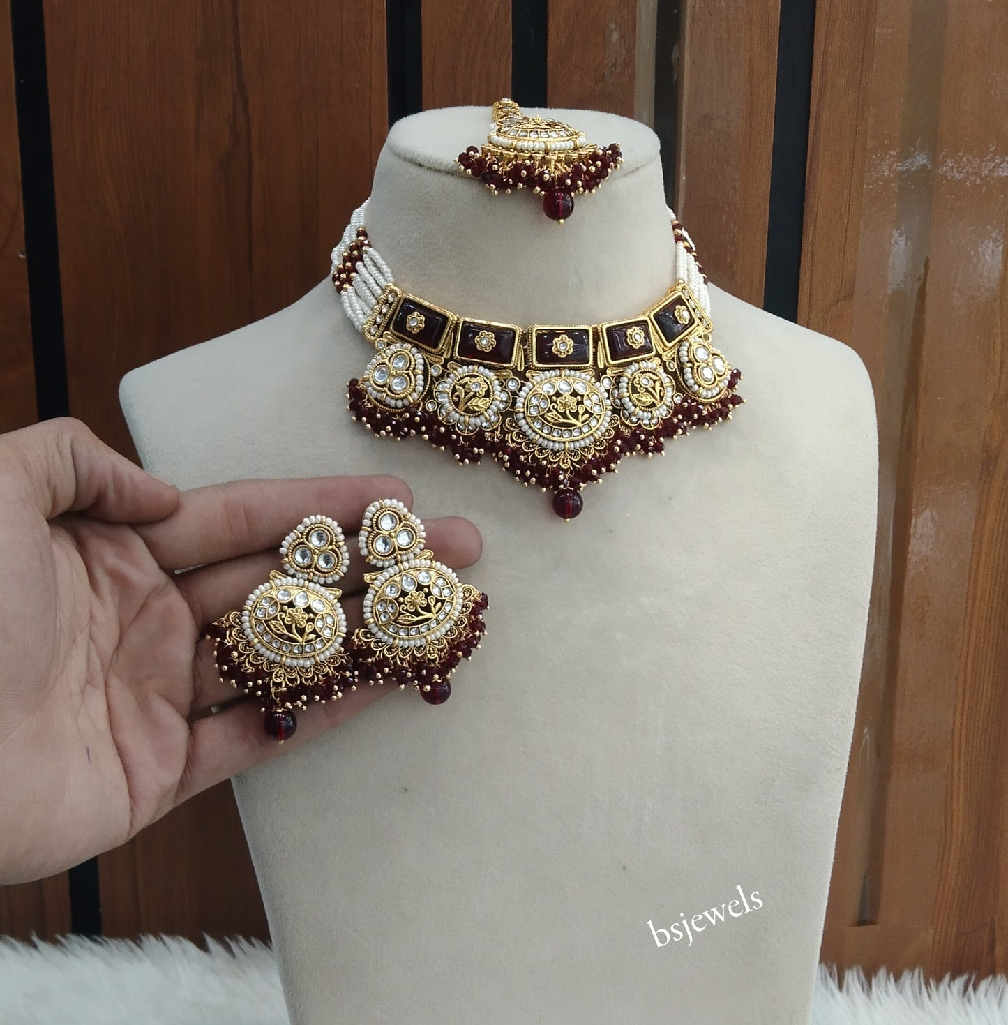 Gold Mroon Kundan necklace Set/ kundan Indian Sylvia jewellery  sets