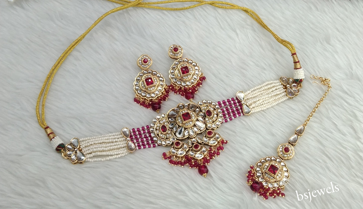 Gold Magenta Kundan Choker Jewellery Jasveer Sets