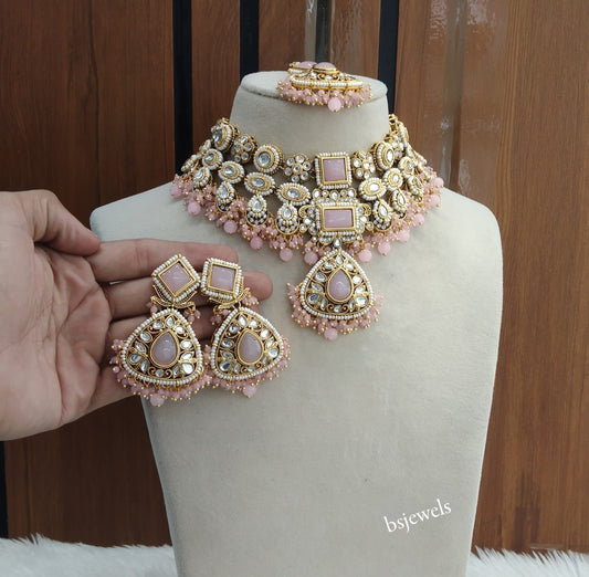 Gold Pink Kundan Lily Necklace sets