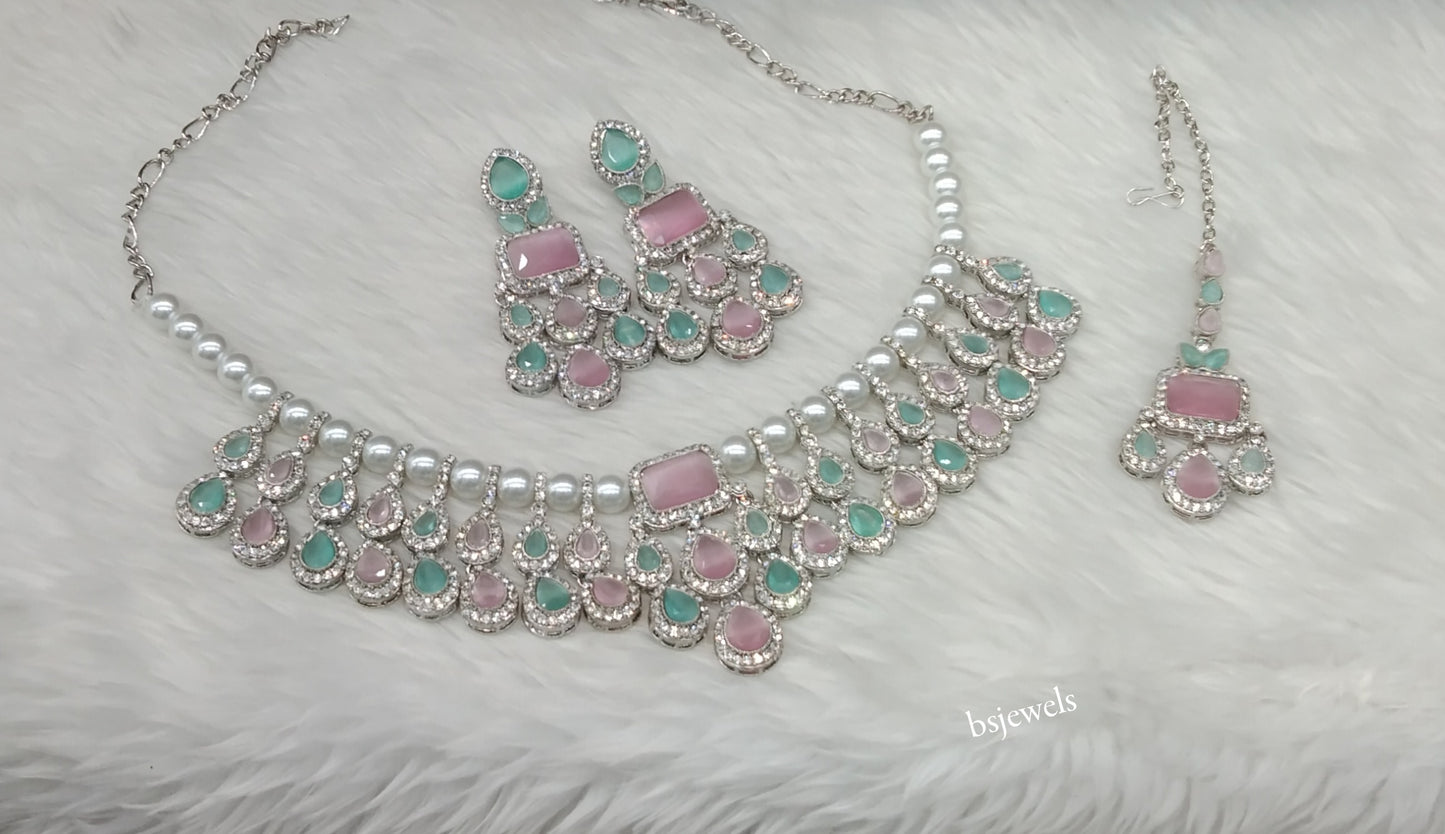 Silver Mint Pink Necklace Kylie sets