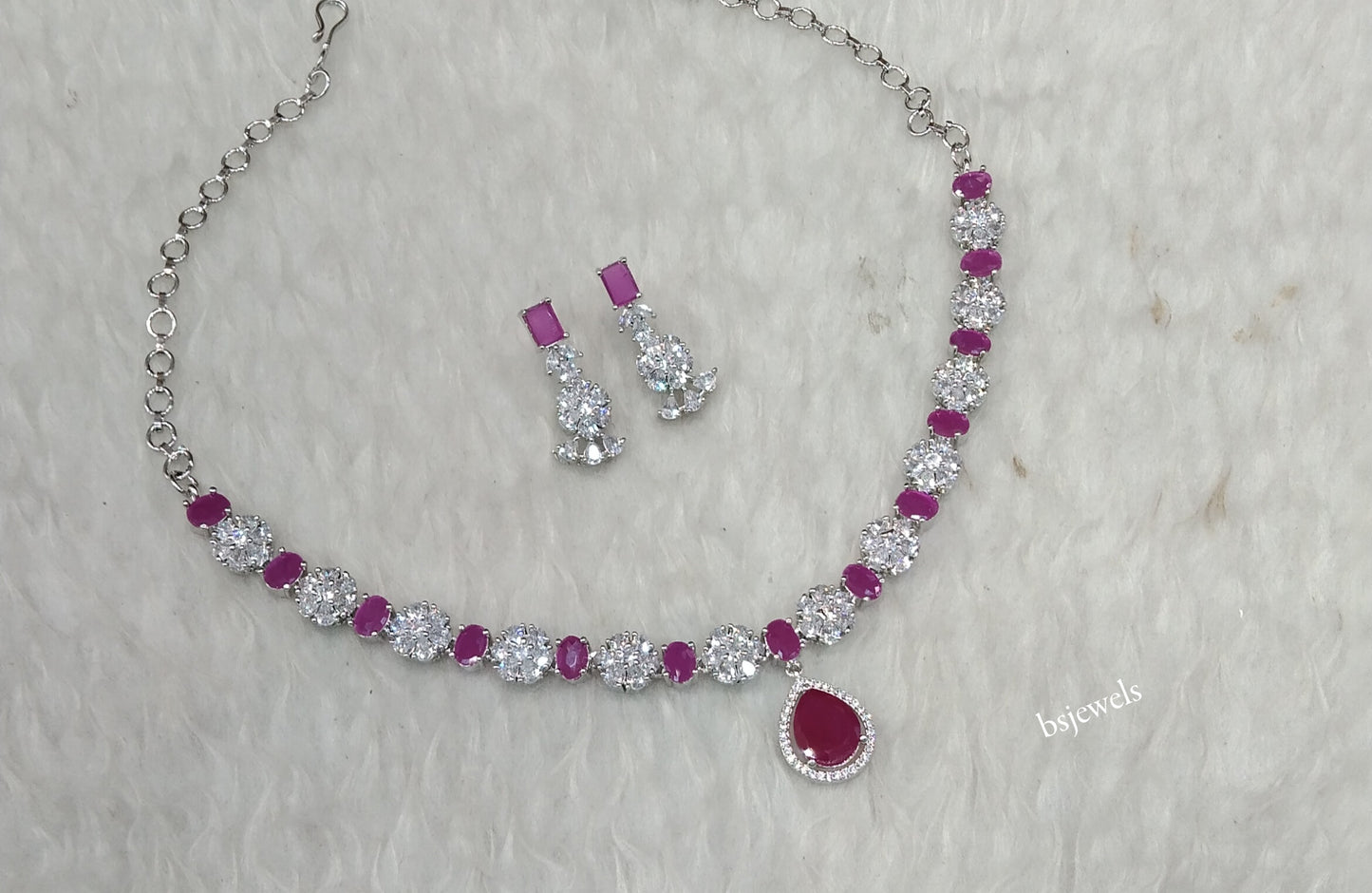 Silver Ruby American Diamond Ad Avery Necklace Set