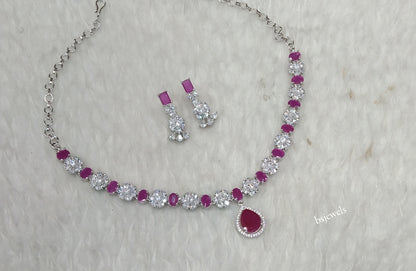 Silver Ruby American Diamond Ad Avery Necklace Set