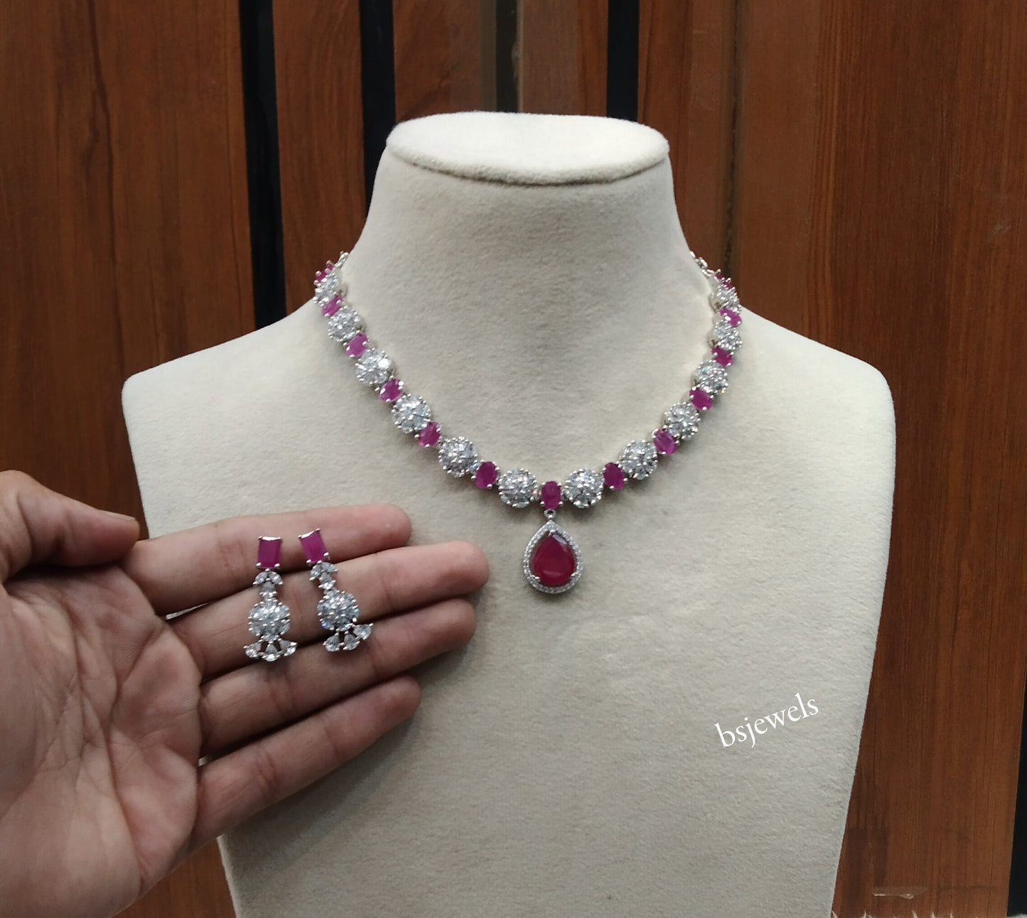 Silver Ruby American Diamond Ad Avery Necklace Set