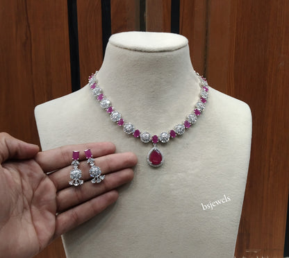 Silver Ruby American Diamond Ad Avery Necklace Set