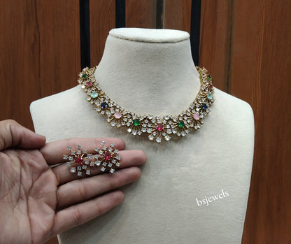 Antique Multi Color American Diamond Ad Eden Necklace Set
