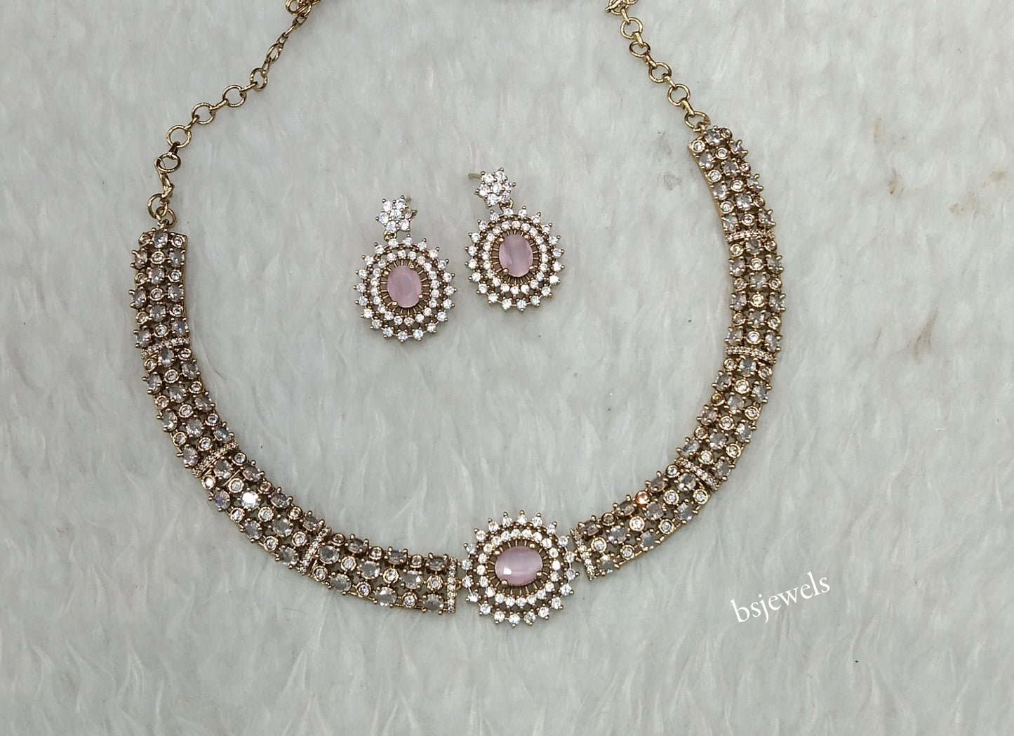 Antique Pink American Diamond Ad Payton Necklace Sets