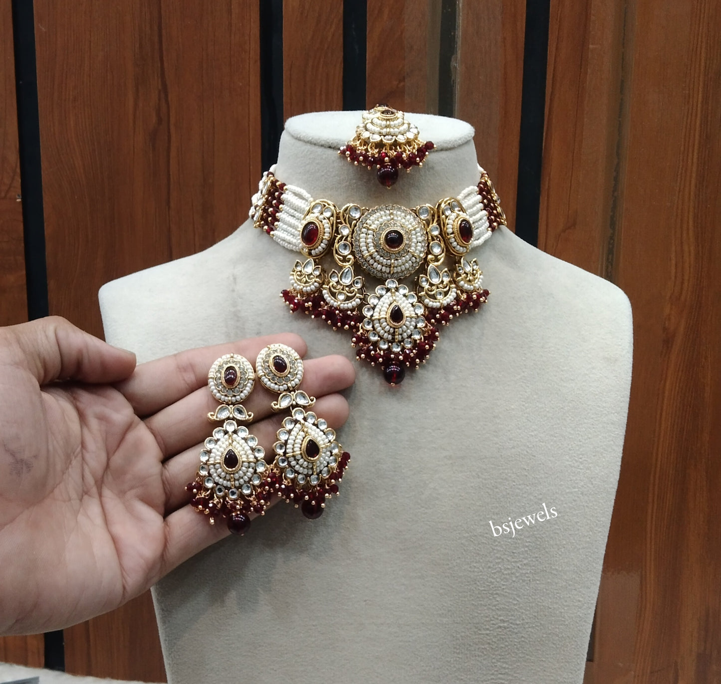 Gold Maroon Kundan necklace Set/ kundan Indian Rylan jewellery sets