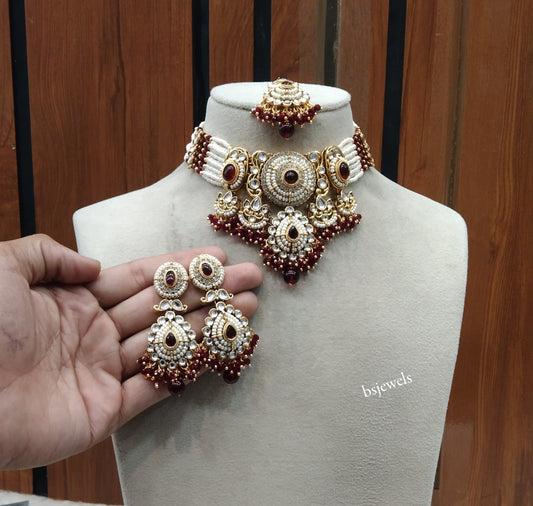 Gold Maroon Kundan necklace Set/ kundan Indian Rylan jewellery sets
