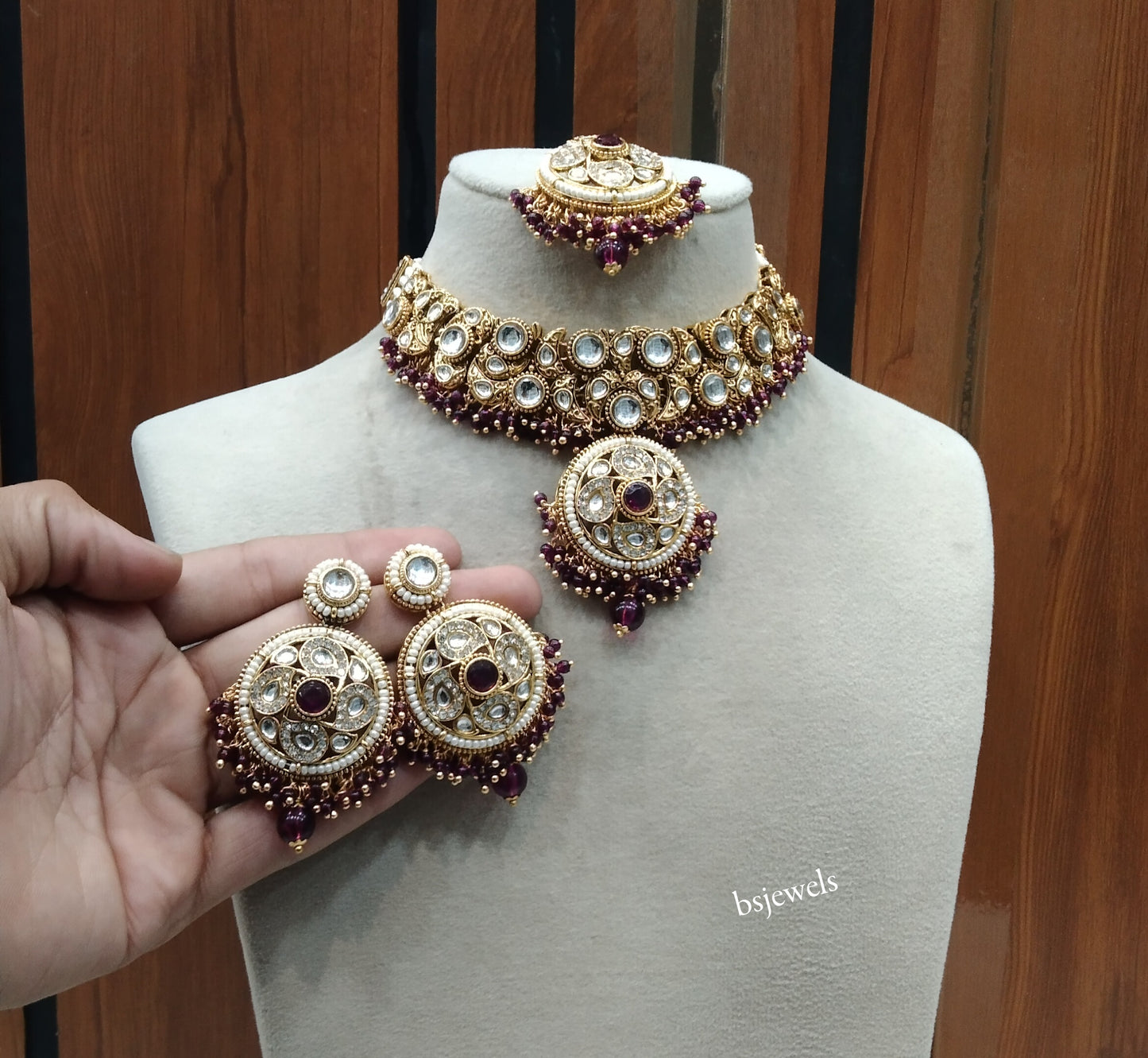 Gold Purple Kundan necklace Set/ kundan Indian Lennon jewellery sets
