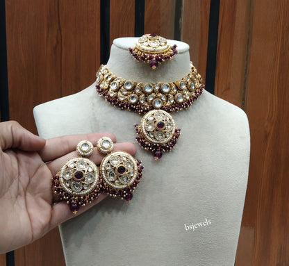 Gold Purple Kundan necklace Set/ kundan Indian Lennon jewellery sets
