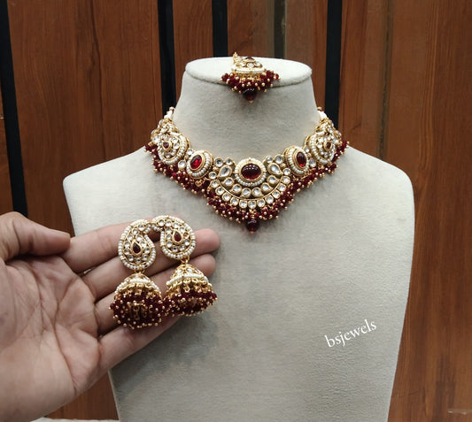 Gold Maroon Kundan Necklace Zoin sets