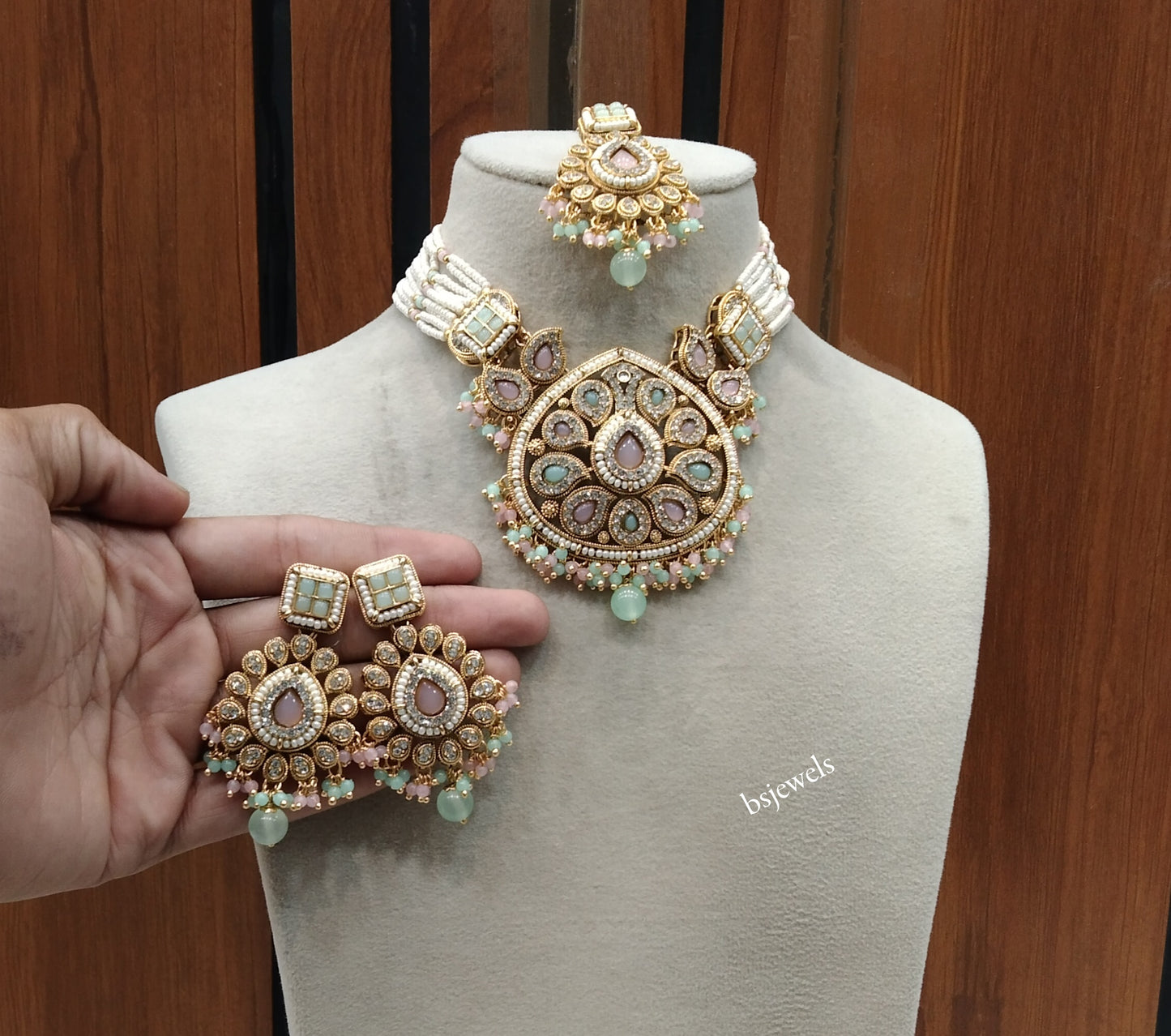 Gold Mint pink Kundan necklace Set/ kundan Indian Morgan jewellery  sets