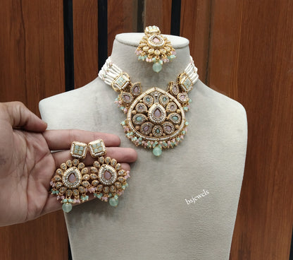 Gold Mint pink Kundan necklace Set/ kundan Indian Morgan jewellery  sets