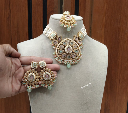 Gold Mint pink Kundan necklace Set/ kundan Indian Morgan jewellery  sets