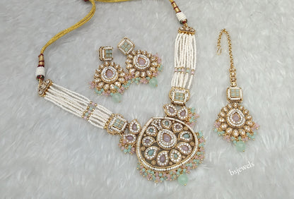 Gold Mint pink Kundan necklace Set/ kundan Indian Morgan jewellery  sets