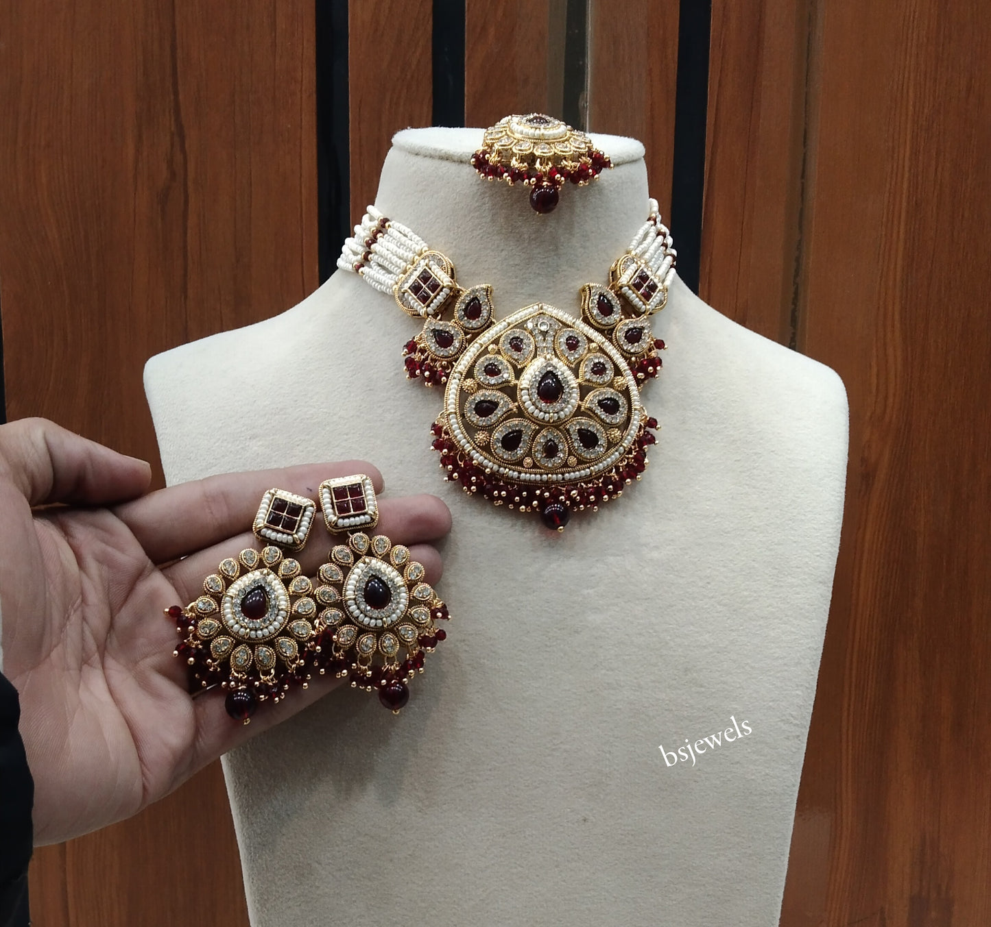 Gold Maroon Kundan necklace Set/ kundan Indian Morgan jewellery sets