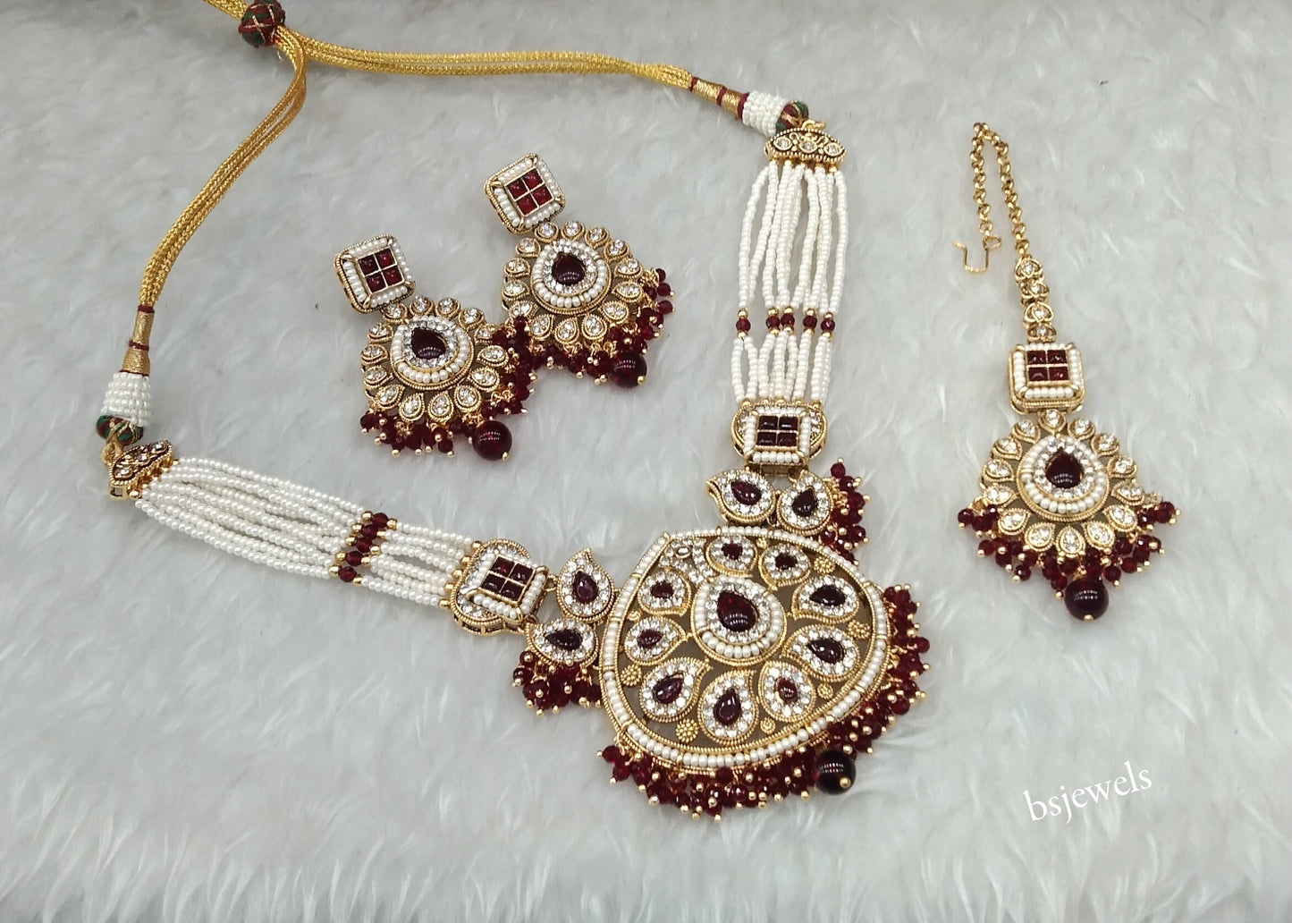 Gold Maroon Kundan necklace Set/ kundan Indian Morgan jewellery sets