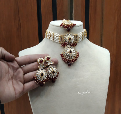 Gold Maroon Kundan Choker Jewellery Rowan Set