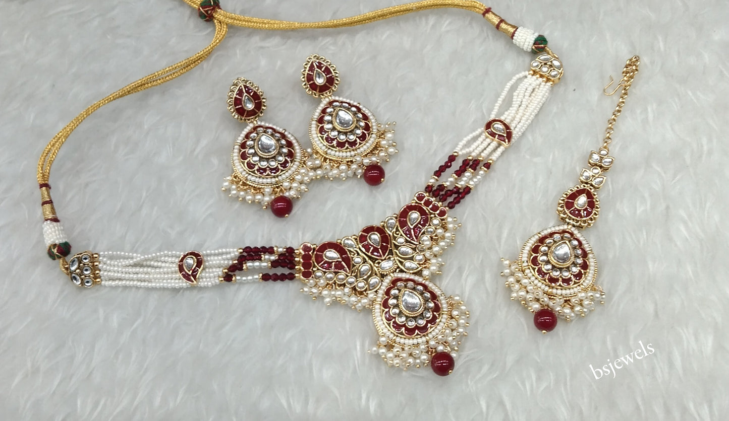 Gold Maroon Kundan necklace Set/ kundan Indian Jordan jewellery sets