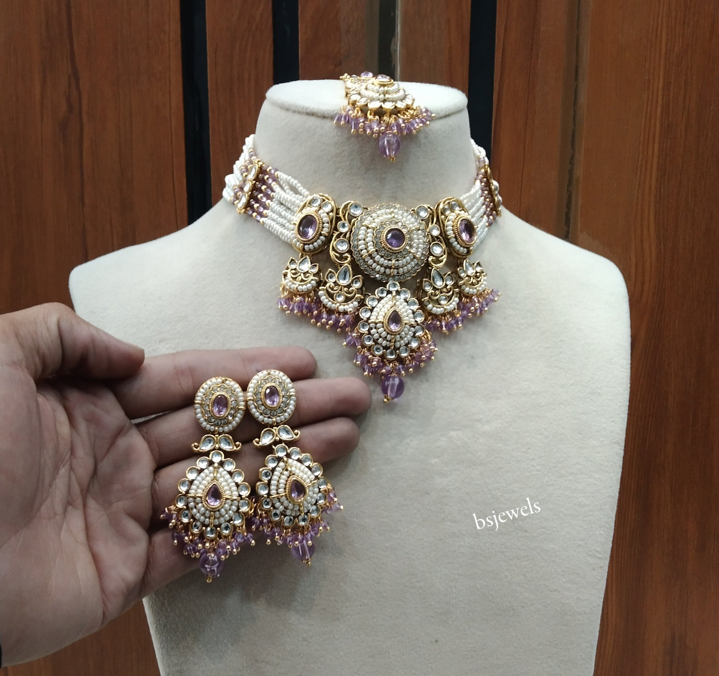 Gold Lavender Kundan necklace Set/ kundan Indian Rylan jewellery sets