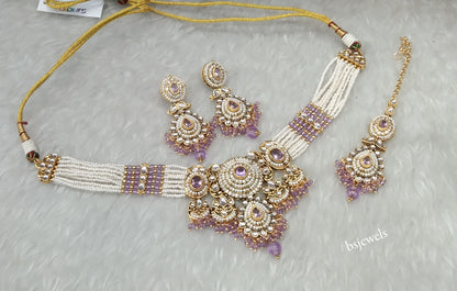 Gold Lavender Kundan necklace Set/ kundan Indian Rylan jewellery sets