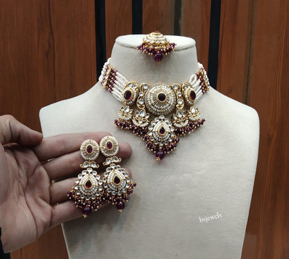 Gold Purple Kundan necklace Set/ kundan Indian Rylan jewellery sets