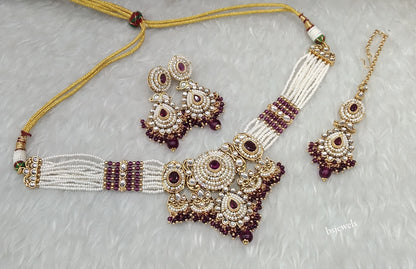 Gold Purple Kundan necklace Set/ kundan Indian Rylan jewellery sets