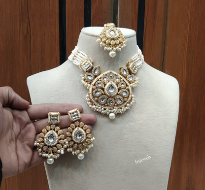 Gold White Kundan necklace Set/ kundan Indian Morgan jewellery sets