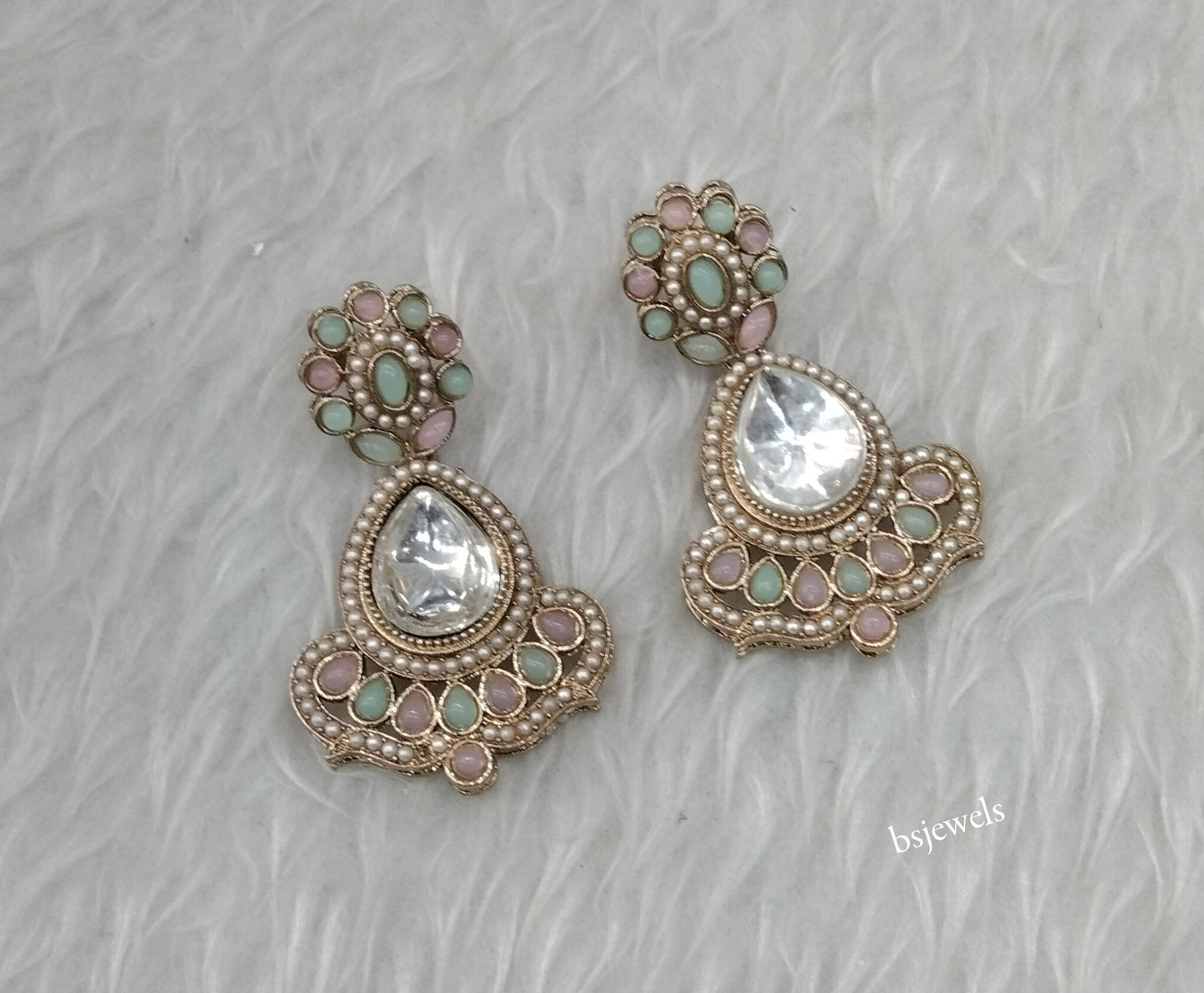 Antique Gold Mint Pink Bollywood Ida Earrings