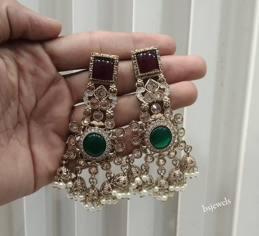 Antique Gold Maroon Green Bollywood Louka Earrings
