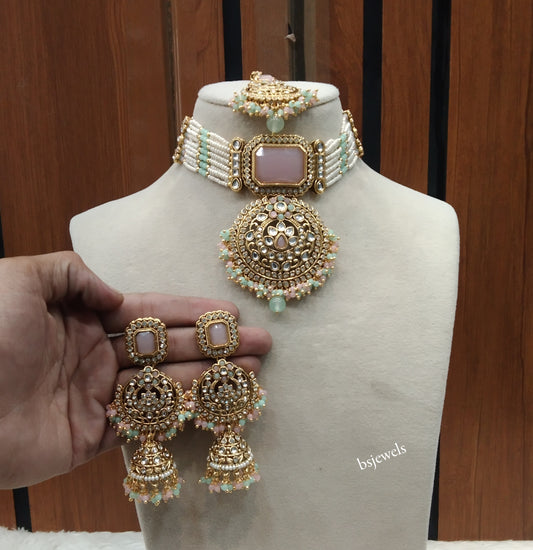 Gold Mint Pink Kundan Choker Jewellery Petkoff Set