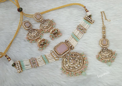 Gold Mint Pink Kundan Choker Jewellery Petkoff Set